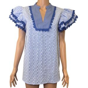 Sewn + Seen Blue Gingham Eyelet Flutter Ruffle Sleeve Lace Trim‎ Blouse Small